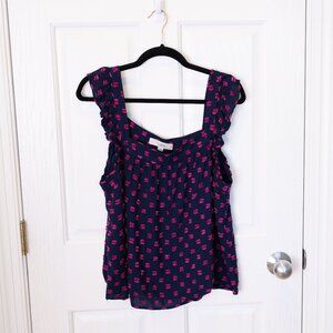 Loft Flowy Tank with Ruffle Sleeve & Textured Navy/Fuchsia Pattern Women’s Large